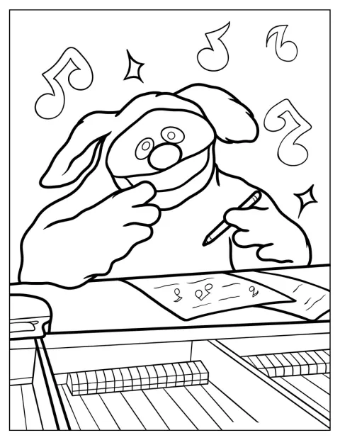 Rowlf le chien écrit des notes de musique sur une partition.