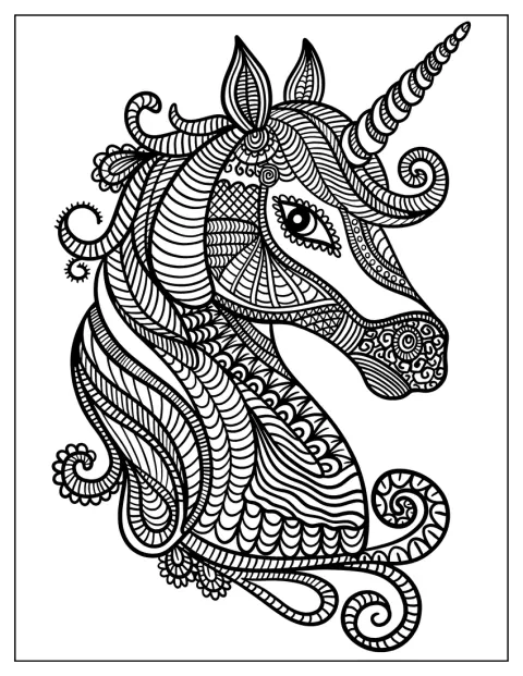 Ein Einhorn ist in ein aufwendiges Mandala-Muster eingebettet.