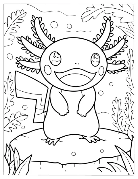 En glad axolotl står på en stubbe under vann, omgitt av planter.