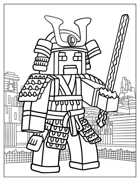 En Lego-figur er klædt som samurai og holder et sværd.