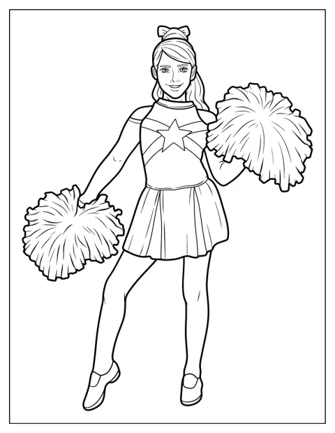 En smilende cheerleader holder en stor dusketøy i hver hånd.