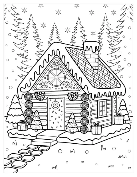 Uma casa de gengibre acolhedora fica entre árvores numa floresta coberta de neve.