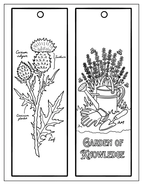 Eine botanische Distelzeichnung schmückt ein Lesezeichen mit dem Motiv eines Gartens des Wissens.