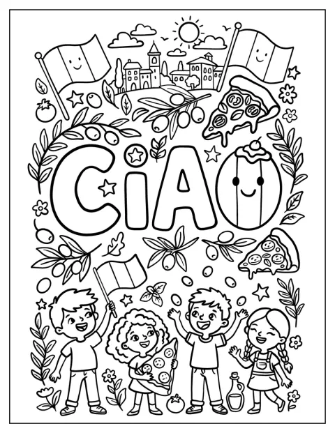 Děti, pizza a italské vlajky zdobí plakát s nápisem Ciao Italy.