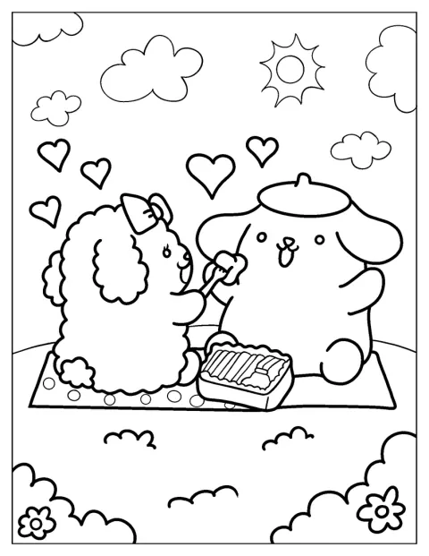 Pompompurin und Macaroon genießen gemeinsam ein Picknick.