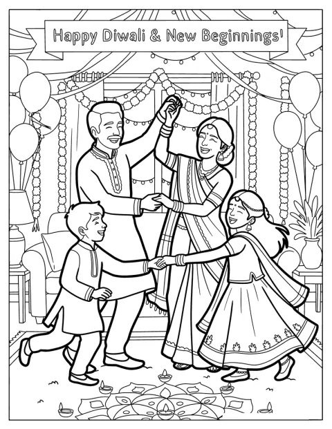 Blije ouders en kinderen dansen samen om Diwali te vieren.