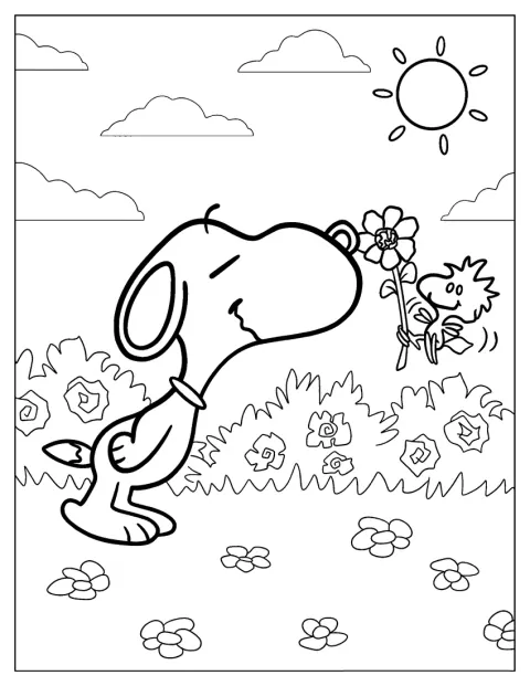Snoopy kumartuu nuuhkimaan kukkia.