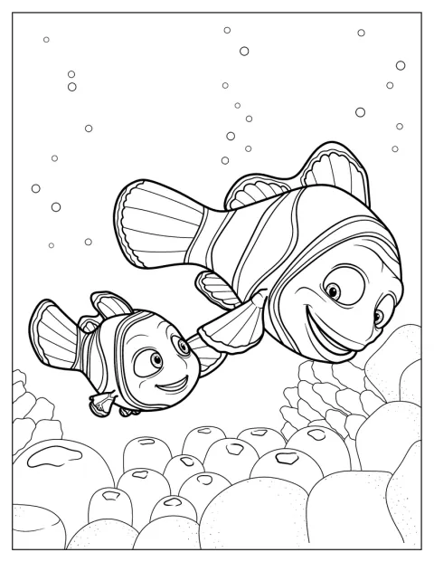 Nemo et Marlin nagent ensemble parmi les coraux.