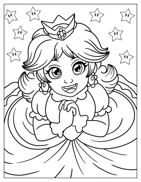 Couronnée et vêtue d’une robe, Princesse Daisy sourit face au spectateur.