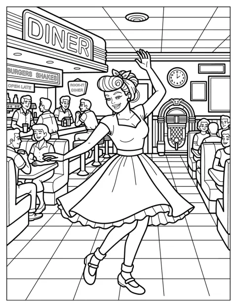 En kvinde danser i en kjole inspireret af 1950'ernes diner-stil.