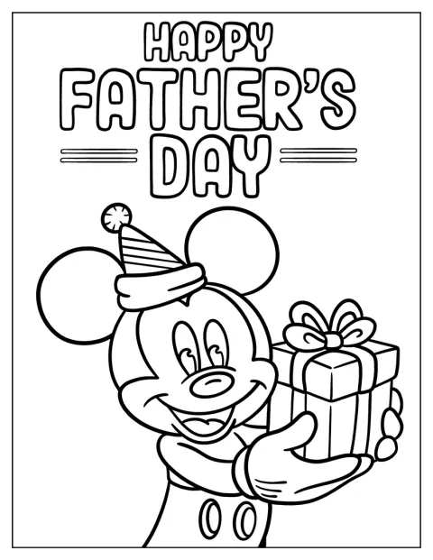 Mickey Mouse segura um presente para o Dia do Pai.