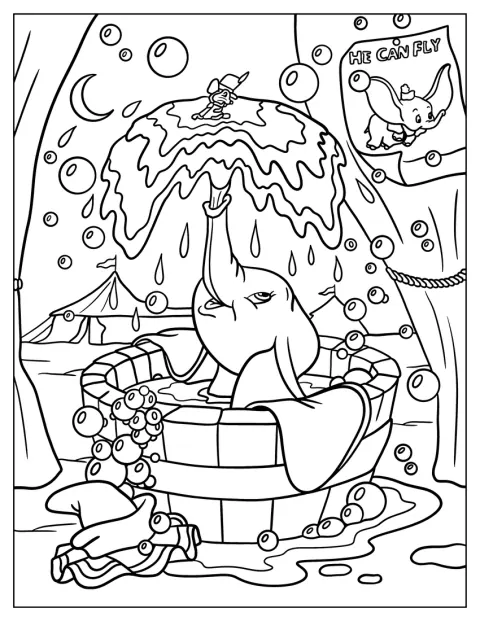 Dumbo spruzza acqua mentre fa il bagno.