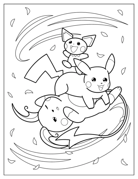 Pichu, Pikachu og Raichu står sammen på rekke.