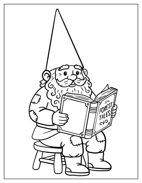 ノームが森の物語の本を読んでいます。