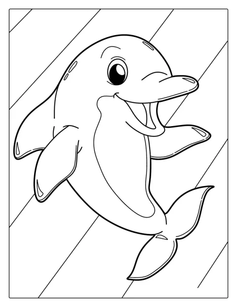 En delfin svømmer gennem vandet med et stort smil.
