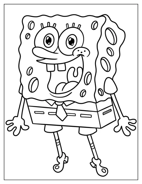 SpongeBob uśmiecha się radośnie, stojąc w swoim charakterystycznym stroju.