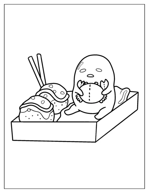 たこ焼きの隣で、ぐでたまがカニを抱きしめています。