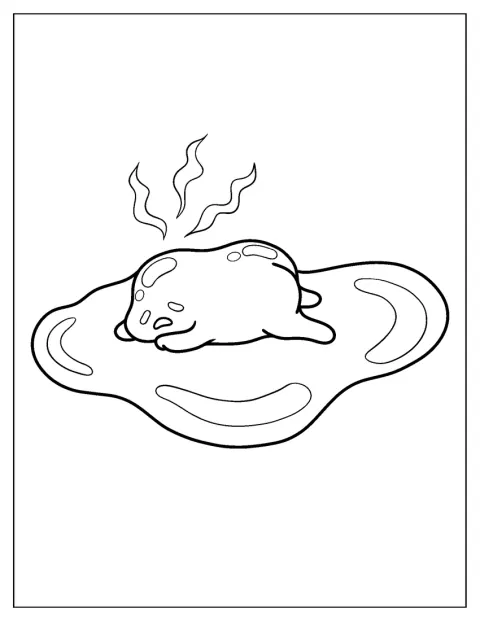 Gudetama ligger udstrakt midt i æggehviden.