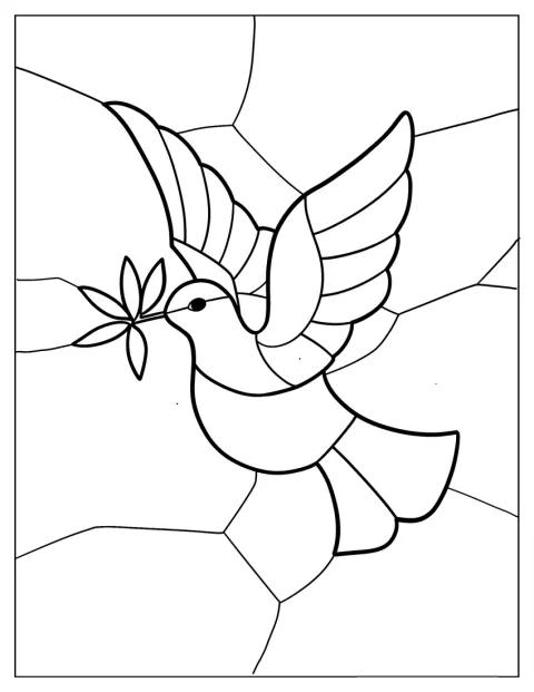 Uma pomba leva uma folha num desenho com aparência de vitral.
