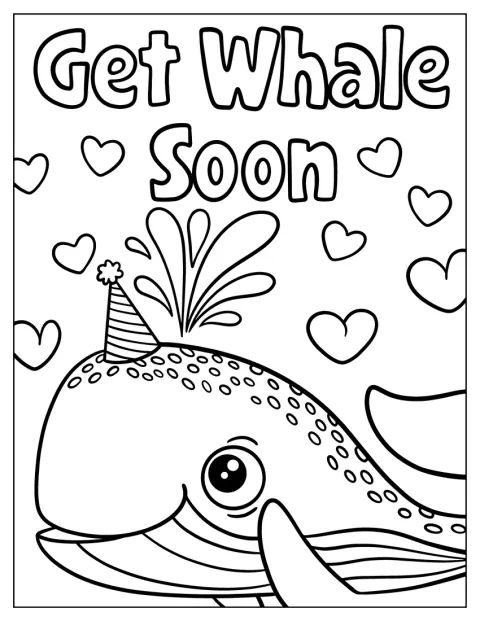 En sød hval står ved den humoristiske hilsen “Get Whale Soon”.