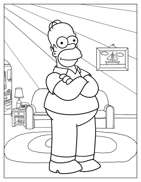 Homer Simpson stă în picioare în sufrageria casei sale.
