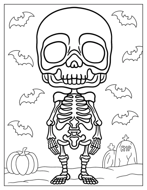 Egy apró, chibi stílusú csontváz Halloween hangulatában pózol.