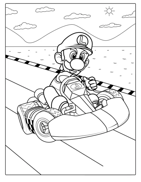 Luigi scheurt met zijn kart over het racecircuit.