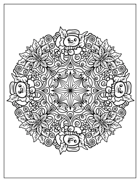 Kerststerren vormen een sierlijk patroon in deze ronde kerstmandala.