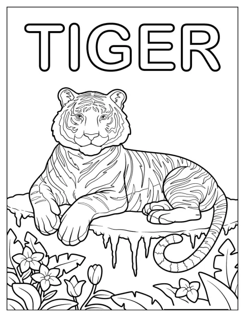 Un tigre relajado descansa rodeado de plantas tropicales y flores.
