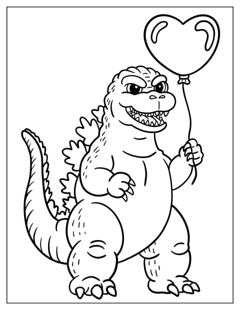 Kawaii Godzilla holder en ballon formet som et hjerte.