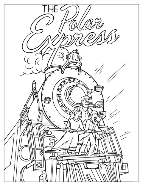 Conductor, Hero Boy, And Hero Girl In Front Of The Polar Express Coloring Page