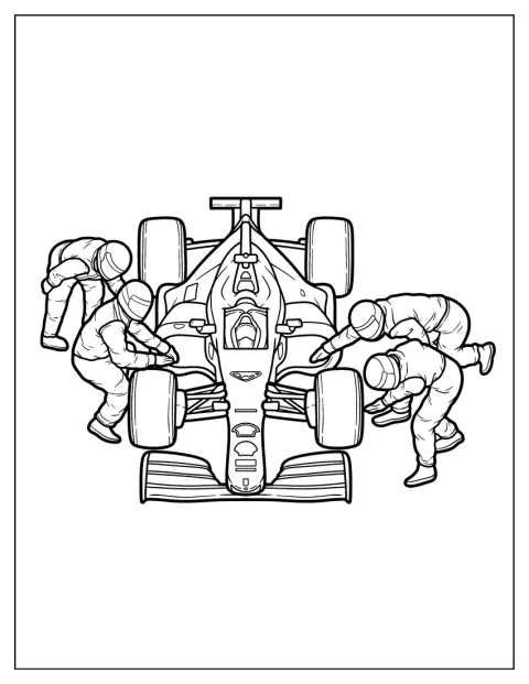 Et pitcrew arbeider rundt en F1-bil under et pitstopp.
