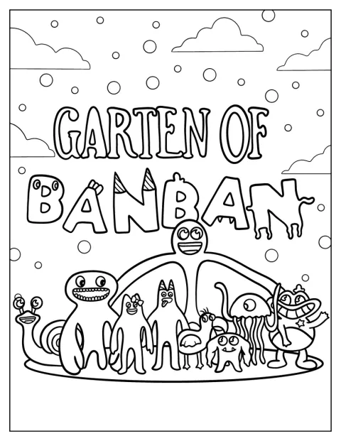 Garten Of Banban-logotypen omges av flera figurer.