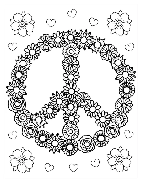 さまざまな花を組み合わせてピースマークを描いています。