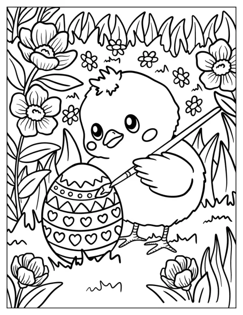 En kylling maler et påskeæg i en blomsterhave.