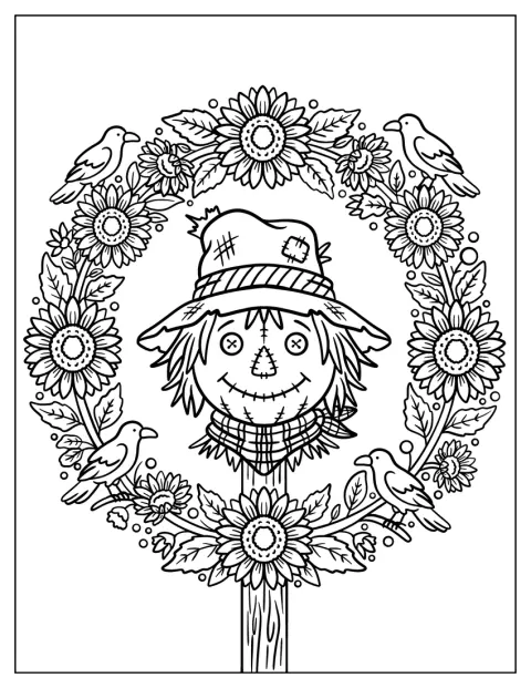 Kawaii Scarecrow in Flower and Birds Halloween Mandala Coloring Page for Kids