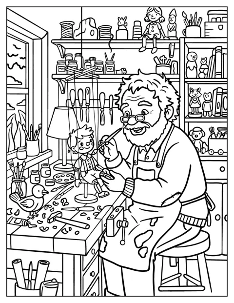 Geppetto målar Pinocchio i sin leksaksverkstad.