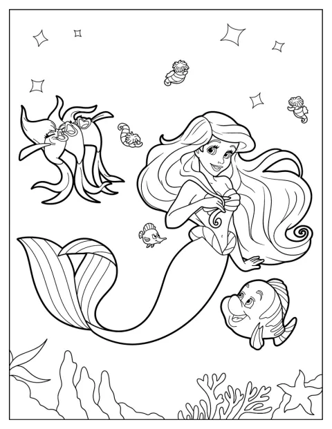 Ariel est entourée de ses amis, les créatures de la mer.