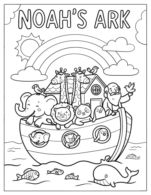 Nuttede dyr står på dækket af Noahs ark.