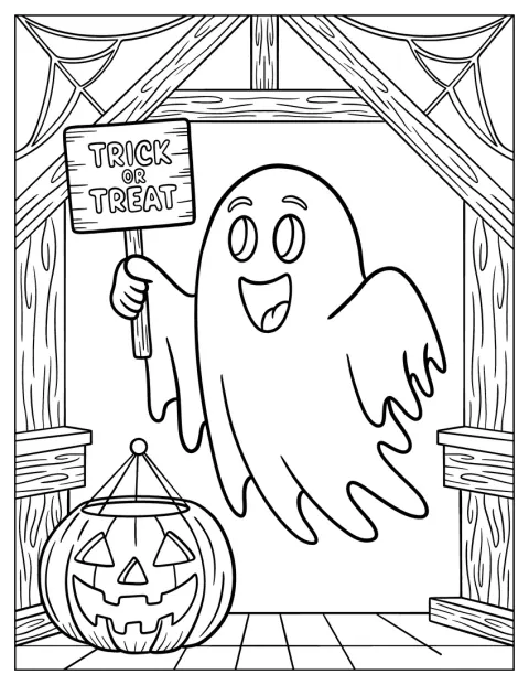 Ein Halloween-Gespenst hält ein Süßes-oder-Saures-Schild neben einer geschnitzten Kürbislaterne.