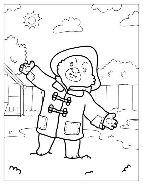 Paddington salută cu mâna dintr-o curte.