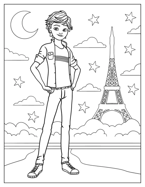 Adrien Agreste está de pie frente a la Torre Eiffel.