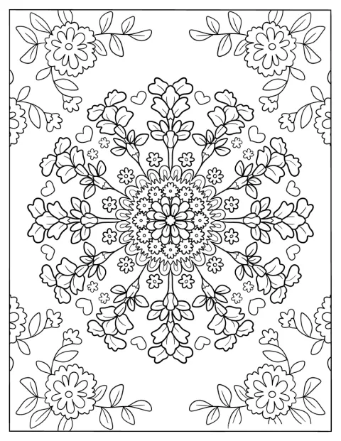 Een sierlijke mandala bestaat uit bloemen en bladeren.