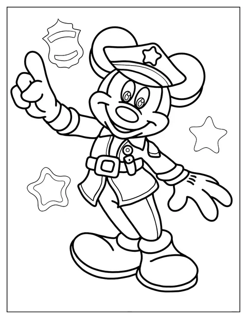 Mickey Mouse, vestido de policía, posa con su uniforme.