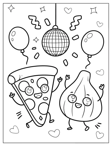 Une part de pizza et un bulbe d’ail dansent près de ballons et d’une boule à facettes.