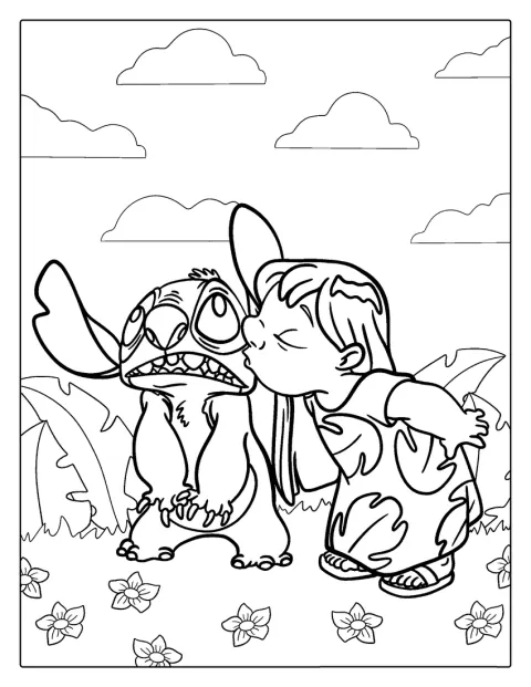 Lilo giver Stitch et kys på kinden.