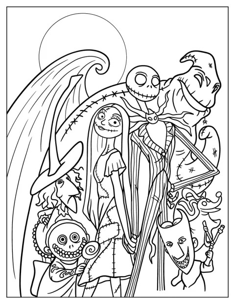 Personages uit Nightmare Before Christmas staan in een eenvoudige Halloweenafbeelding.