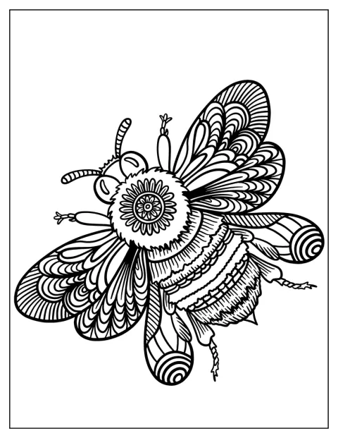 En bi med mønstrede vinger sidder i en dekorativ mandala.