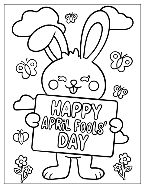 Ein niedlicher Hase hält ein Schild zum 1. April hoch.