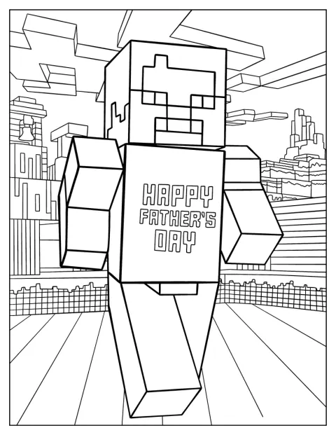 Minecraft Steve drží nápis „Šťastný Den otců“.